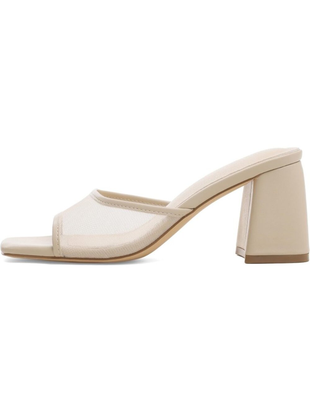 Women's Nude Mesh Summer Square Open Toe Mules Chunky Stylish Heeled Sandals